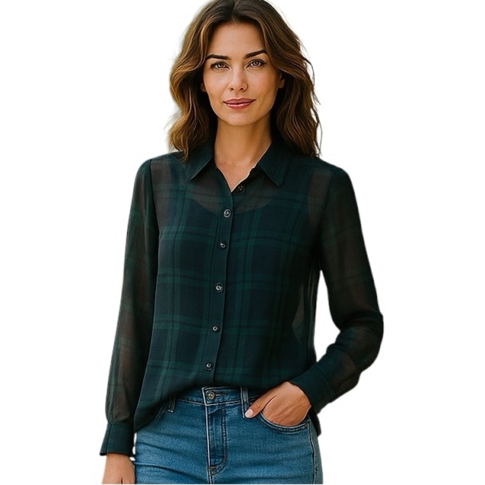 Lord & Taylor Sheer Long Sleeve Button Up Collared Plaid Green Tunic Small